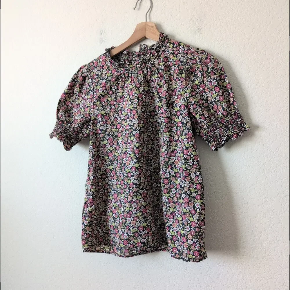 J.Crew Blouse XXS 2XS Floral Ruffle‎ Neck Smocked Puff Sleeve Cotton Poplin